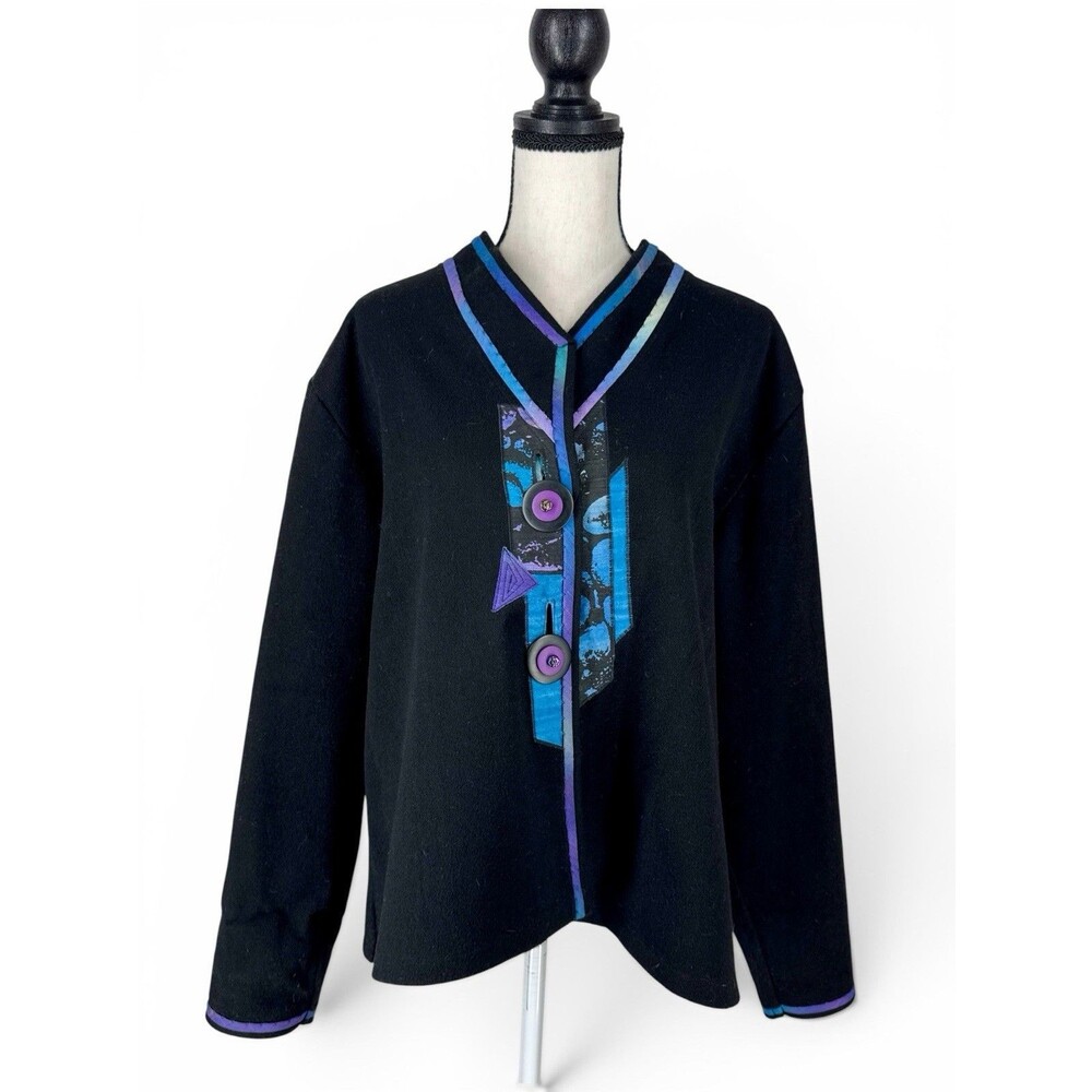 VTG Joyce Fogle Fiber Artist Wearable Art Coat Wool & Silk Trim Black/ Blue L
